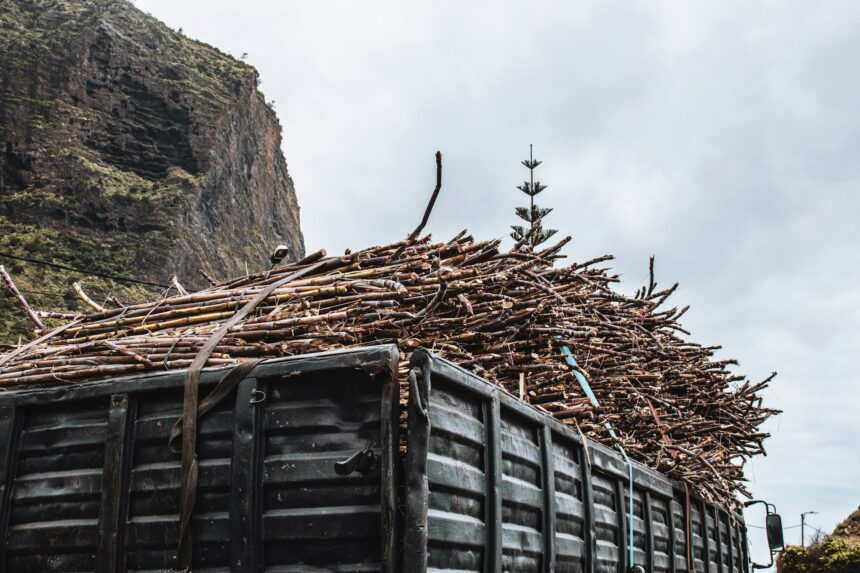 Stack of sugarcanes loaded into a truck