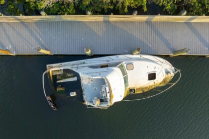 Aerial view of sunken sailboat on shallow bay waters after hurricane in Manasota, Florida