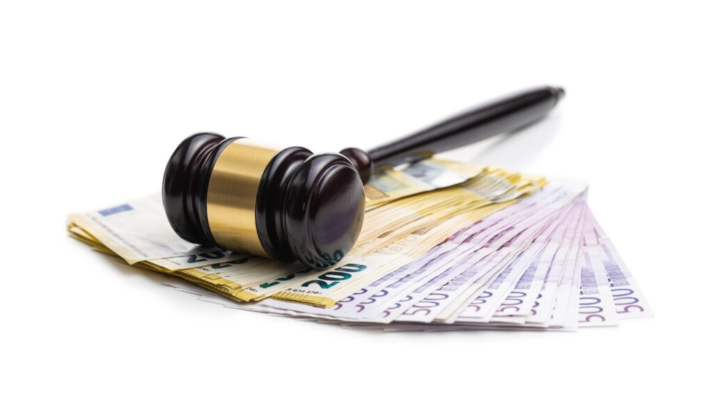 Euro money and judge gavel.