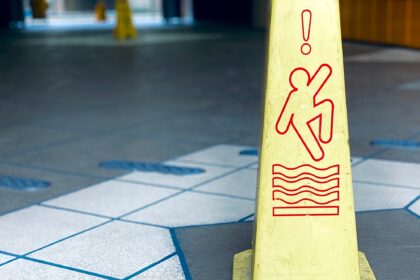 Warning sign cone that there is danger of slipping on a wet slippery floor. White space for text