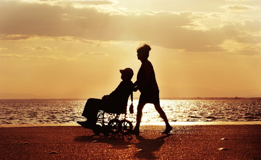 wheelchair, walk, care, nature, disabled, couple, sea, sunset, characters