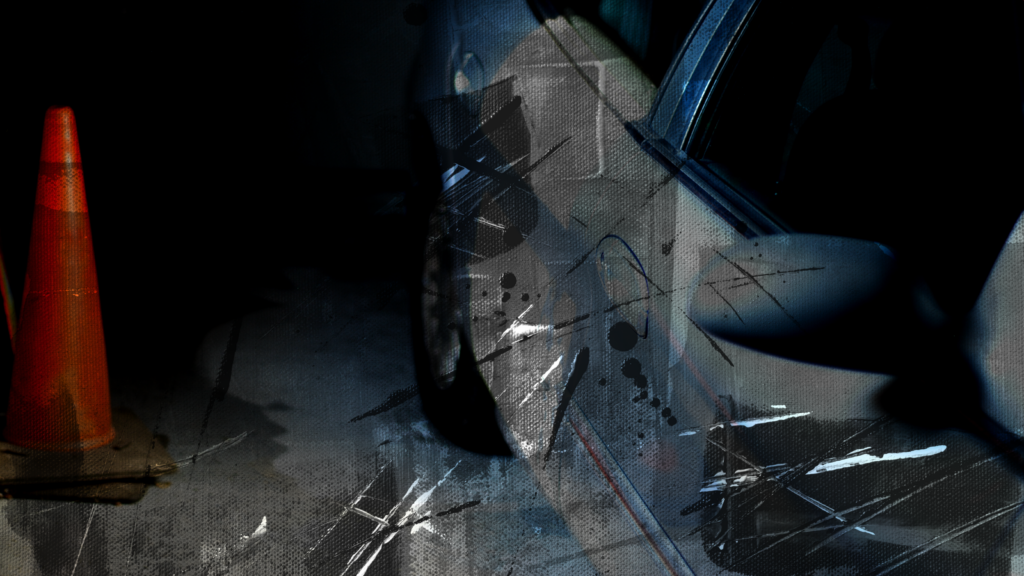 Dynamic abstract art blending a car's reflection with a vivid orange traffic cone.