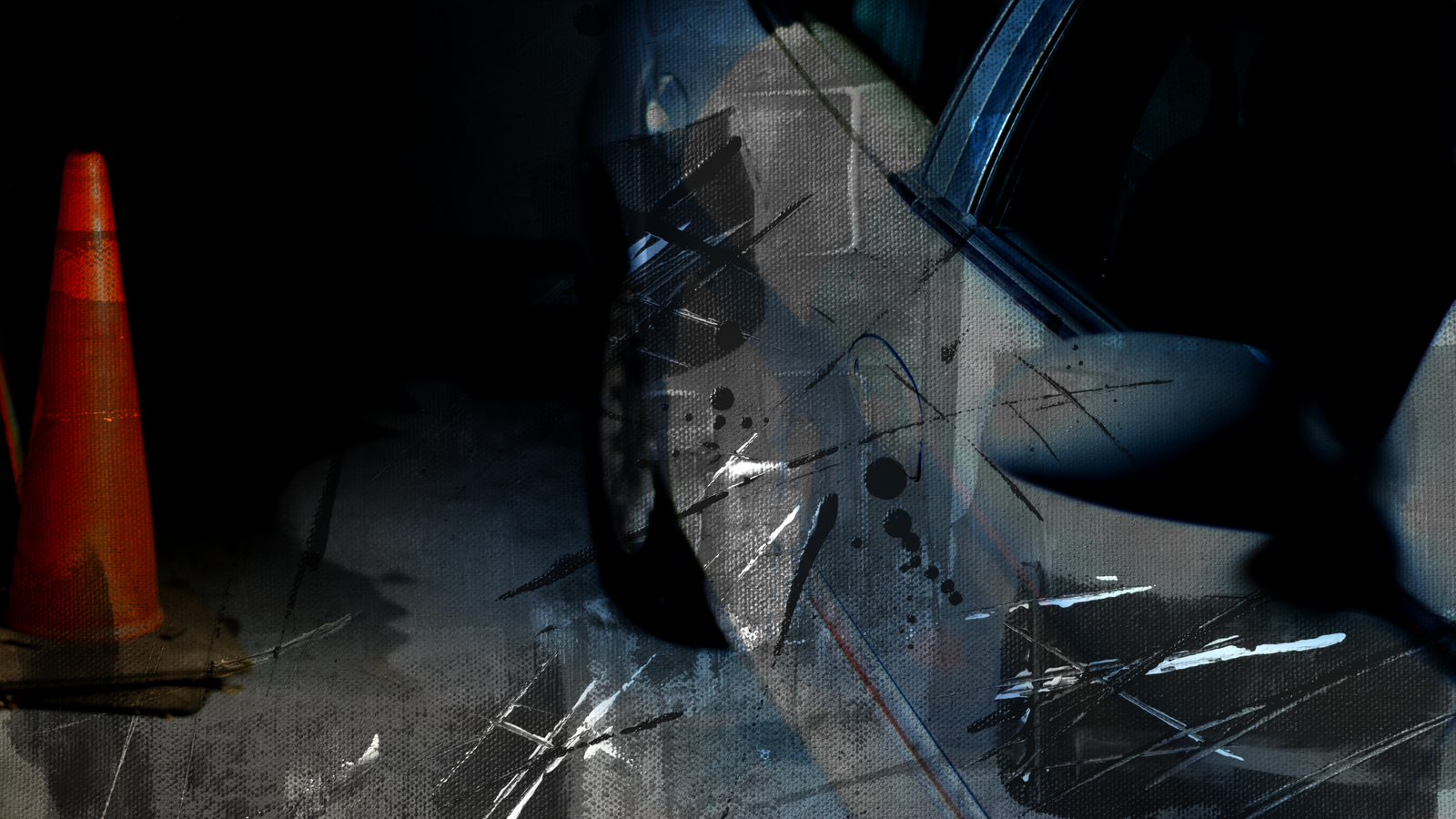 Dynamic abstract art blending a car's reflection with a vivid orange traffic cone.