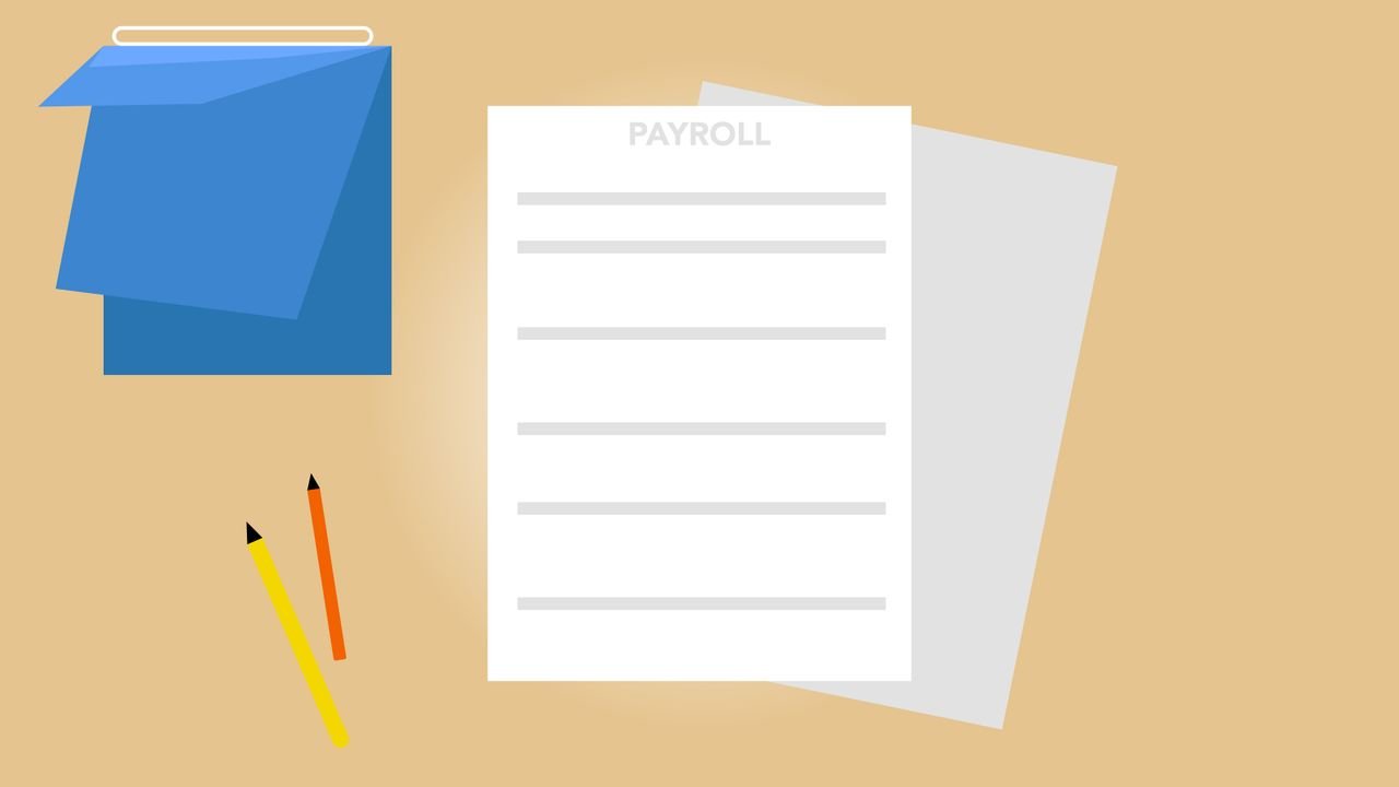 Payroll document with pencils and graduation cap on tan background illustrating paycheck deductions
