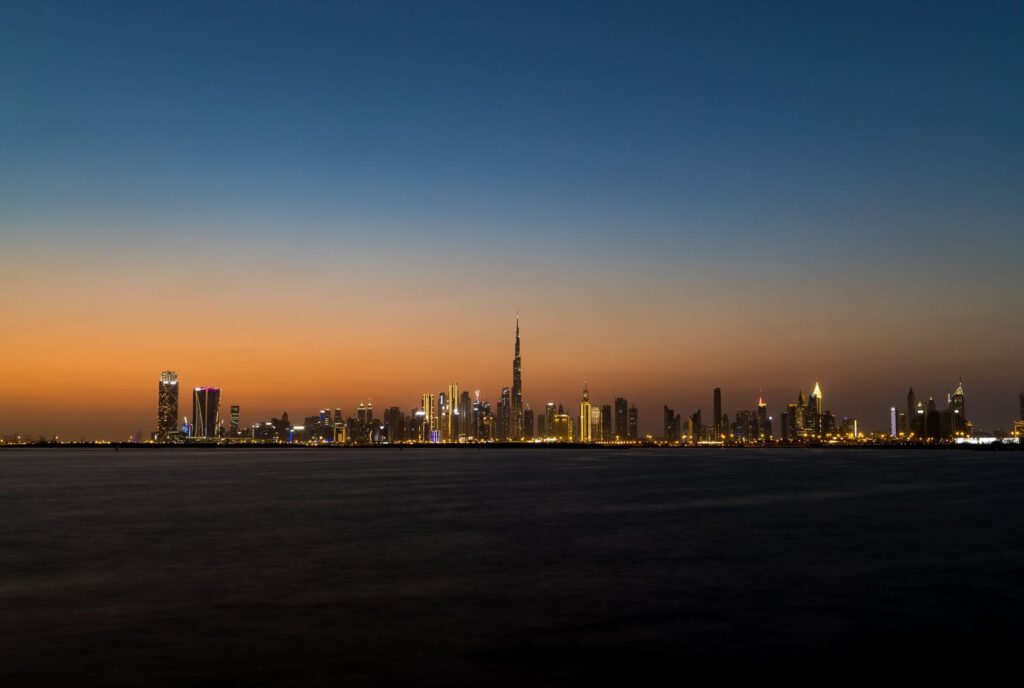 Stunning view of Dubai's skyline at twilight featuring the iconic Burj Khalifa.