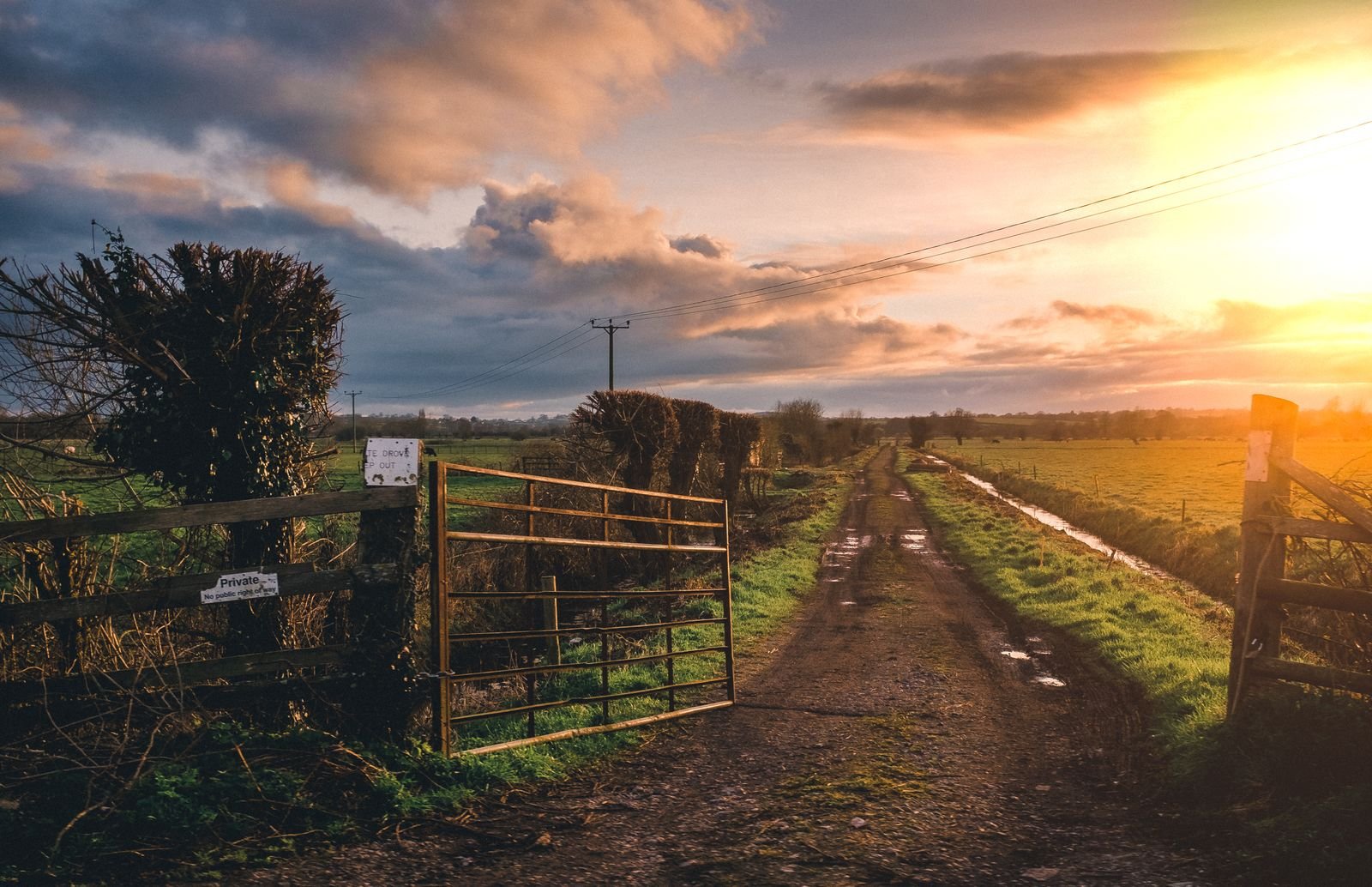 Open farm gate and fence on a muddy track between green fields at sunset, marking a private land boundary