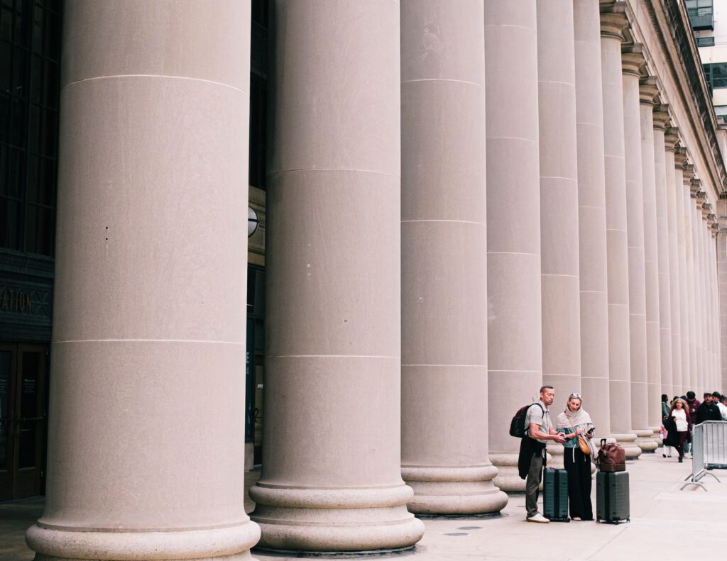 Classical courthouse columns representing the legal profession