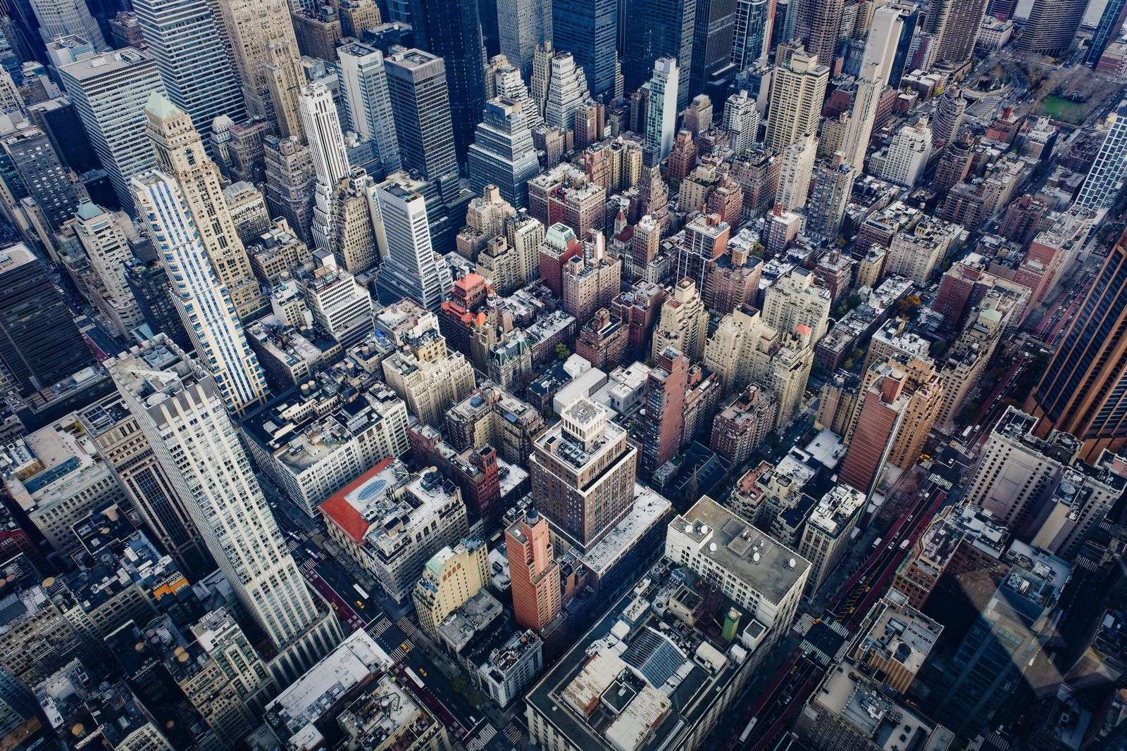 Aerial view of Midtown Manhattan office towers and skyscrapers, home to many Big Law firms