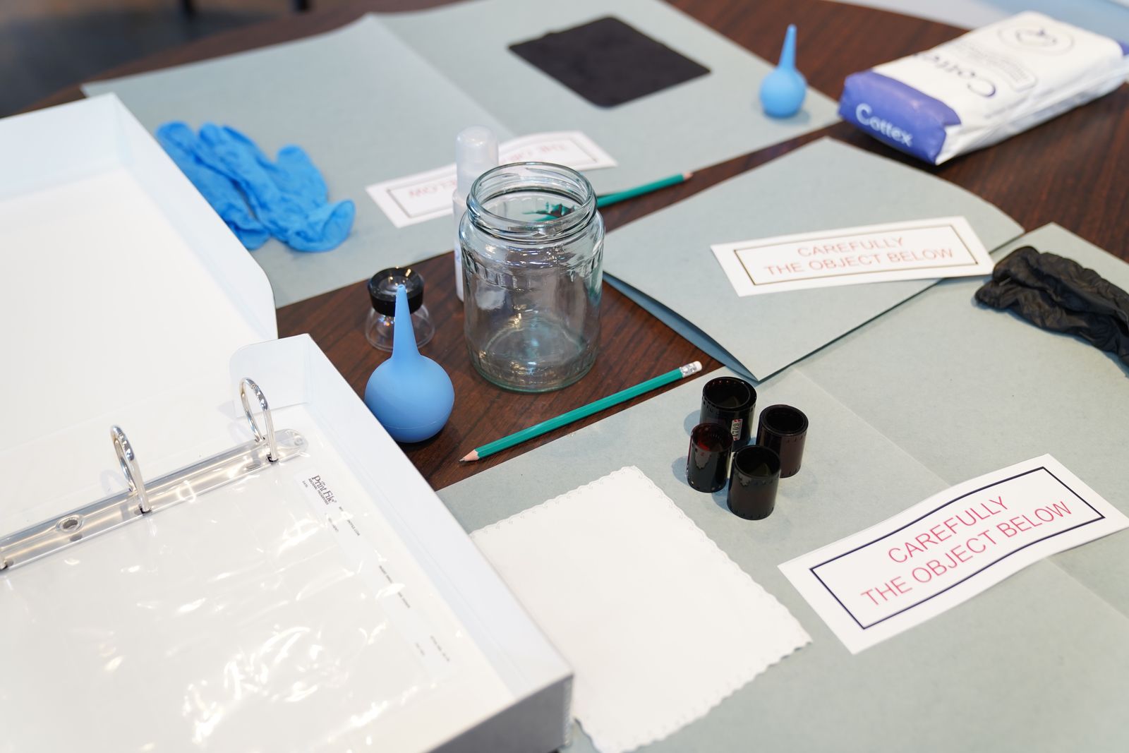 Forensic investigation tools laid out on a table
