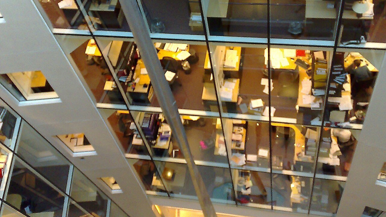 Glass-walled office floors around the atrium of Lovells' London office in Holborn, pictured in 2008