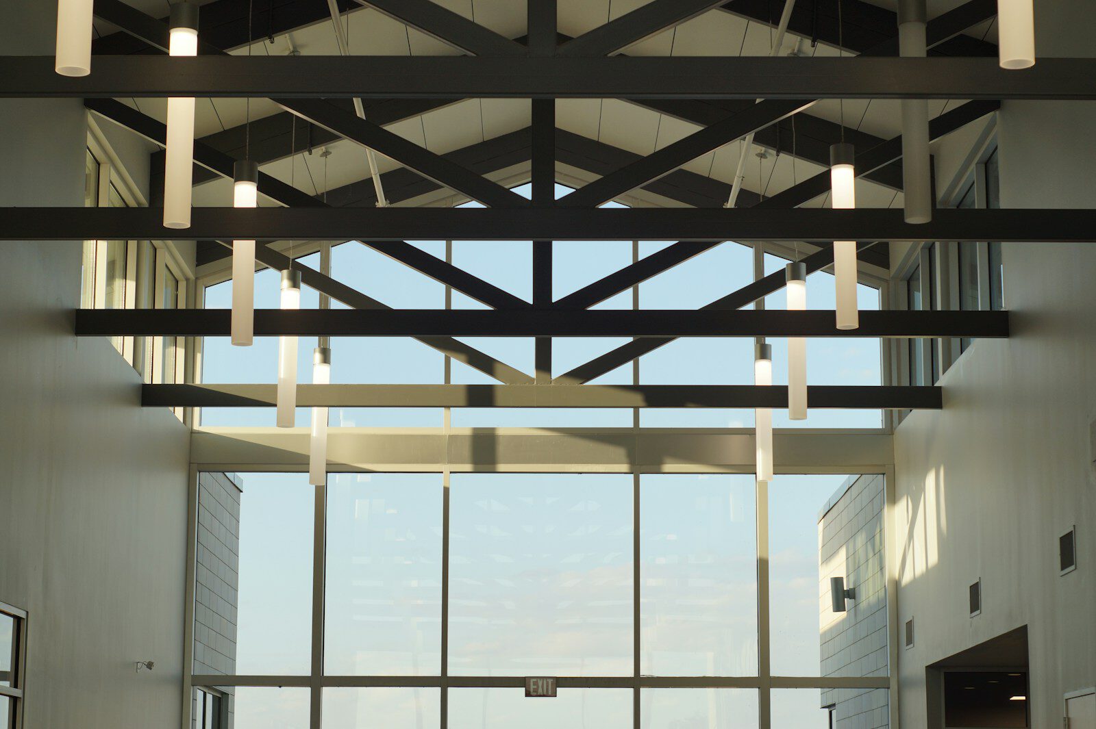 Modern building interior with skylights and glass walls